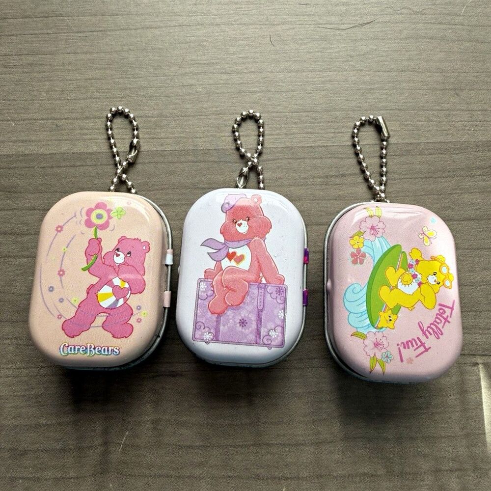 Vintage 3 Care Bears Mini Tin Keychains Cheer Bear, Love-a-Lot Bear Trinket Box